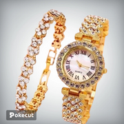 Casual Round Jewellery Buckle Quartz Women Watch and Gold Bracelet