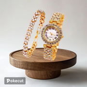 Casual Round Jewellery Buckle Quartz Women Watch and Gold Bracelet