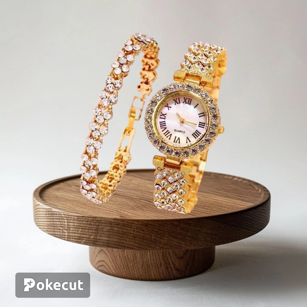 Casual Round Jewellery Buckle Quartz Women Watch and Gold Bracelet