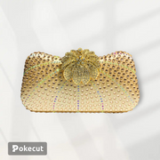 Gold Silver Black Polyester flower shell evening bag
