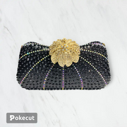 Gold Silver Black Polyester flower shell evening bag